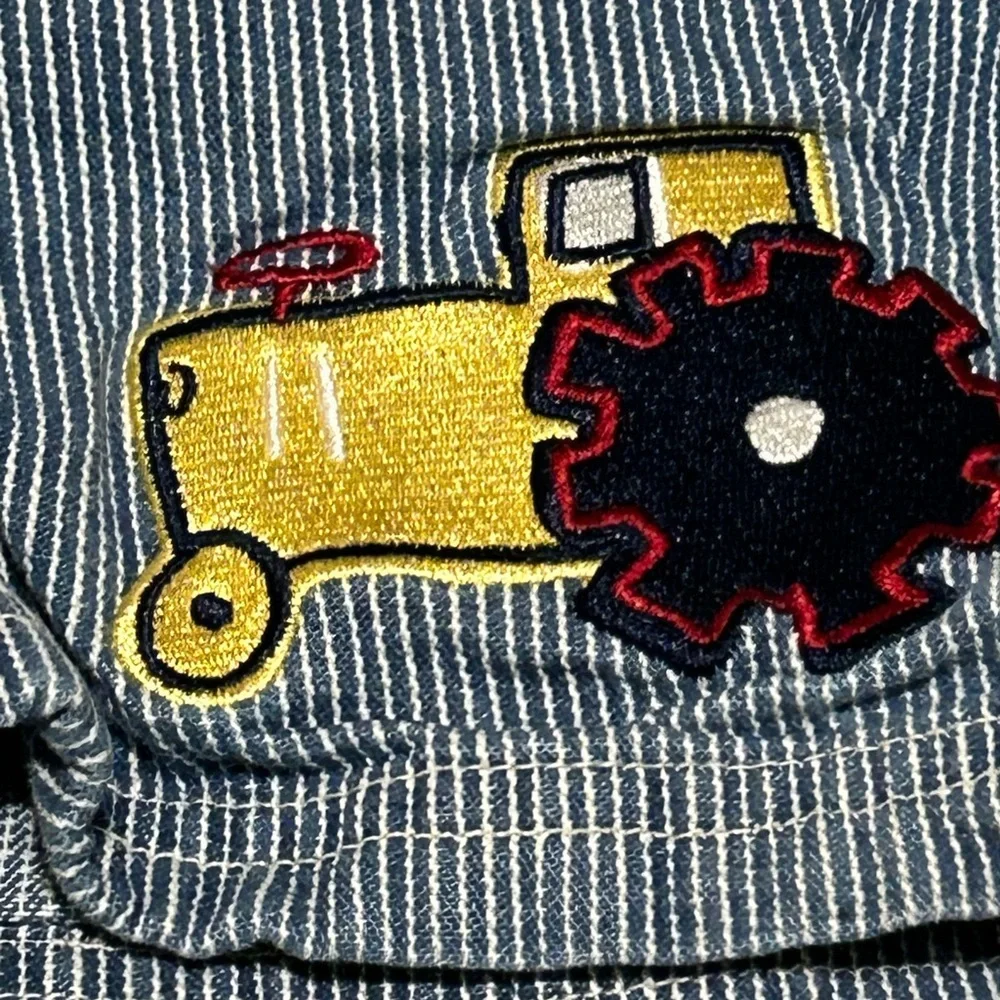 Vintage Striped Blue Kids Overalls with Tractor Patch